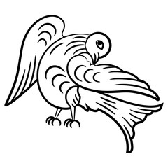 Stylized bird. Old Russian folk style. Black and white linear silhouette.