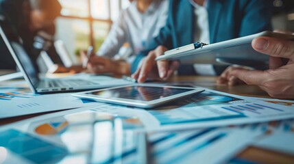 A diverse team of accountants collaborating on a project, reviewing paperwork and using digital tablets in a modern office setting.
