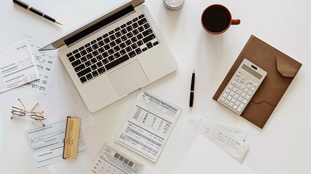 An overhead shot of a minimalist workspace with a laptop, financial statements, a calculator, a pen, and a cup of coffee on a white desk.