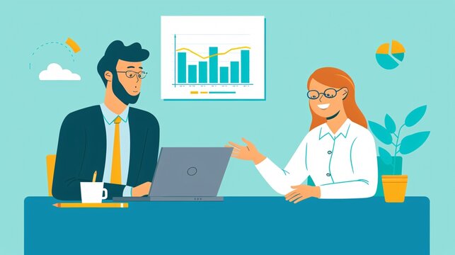 A confident account manager in business attire presenting sales figures to a client using a laptop during a meeting with a light blue background.