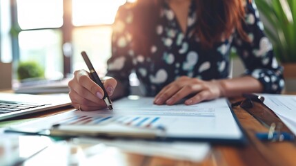 An account manager reviewing a contract with a client, pointing out key terms and conditions with a pen, emphasizing attention to detail.