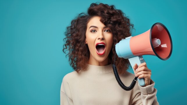 Dynamic announcement - smiling young woman with megaphone promoting sale offers on single colour background, ideal for banner design or with space for text, emphasizing enthusiasm and engagement
