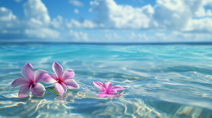 Brightly pink colored flowers on the surface of the ocean. Clear sea water and flowers on it