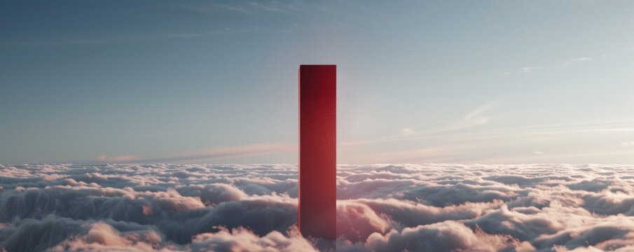 A surreal landscape with a towering red monolith rising from a floating platform above the clouds