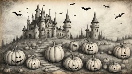 halloween many pumkin with castle doodle art .jpeg