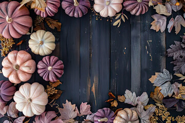 pastel colored pumkins and leaves on dark wooden ground, space for text, template, pink, purple, mauve