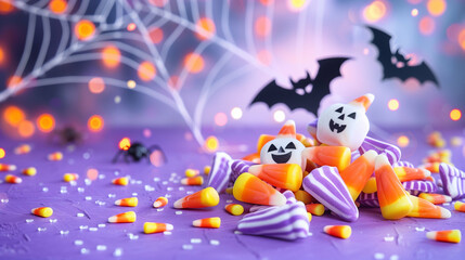 Halloween Candy Corn and Spooky Decorations on Colorful Background. Vibrant Trick or Treat Holiday Scene