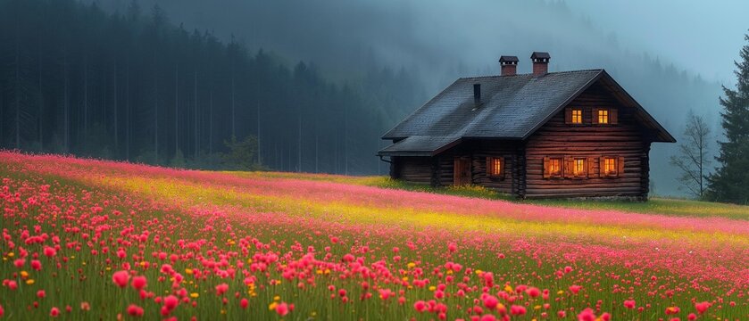 AI generator image of old farmhouse surounded with a fantacy pink and yellow flower field, mystical pine forest background