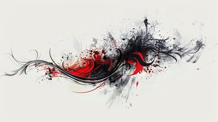 Abstract black and red ink splatter on a white background. Dynamic and energetic, perfect for design projects.