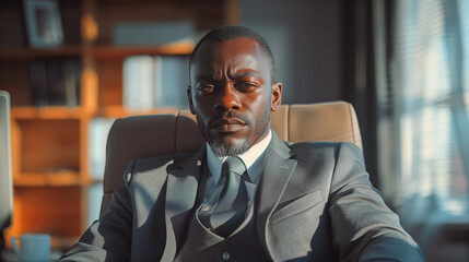 Naklejka premium Portrait professionnel d'un homme mature en costume, manager, expert senior, dirigeant, entrepreneur ou homme politique pose dans son bureau, leadership et figure d'autorité, arrière-plan contemporain