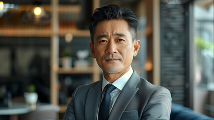 Fototapeta premium Portrait professionnel d'un homme mature en costume, manager, expert senior, dirigeant, entrepreneur ou homme politique pose dans son bureau, leadership et figure d'autorité, arrière-plan contemporain
