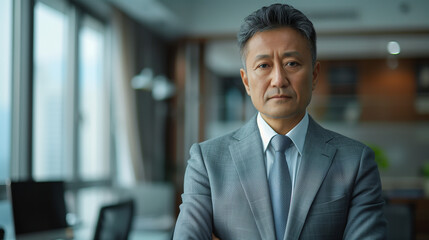 Fototapeta premium Portrait professionnel d'un homme mature en costume, manager, expert senior, dirigeant, entrepreneur ou homme politique pose dans son bureau, leadership et figure d'autorité, arrière-plan contemporain