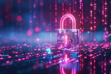 A futuristic digital security concept with a glowing, neon padlock surrounded by streams of binary code. 