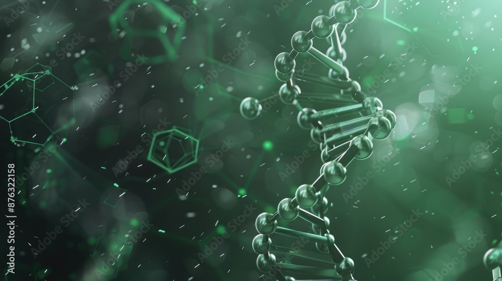 Wall mural dna helix with green and gray hexagons on abstract background molecular research concept with copysp