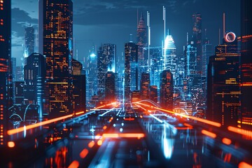 Fototapeta premium A futuristic cityscape bathed in blue and red lights, highlighting towering skyscrapers and a bustling, tech-infused environment.