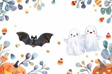 Fototapeta premium Cute Halloween-themed illustration featuring ghosts, bat, candy corn, pumpkins, and autumn leaves. Perfect for festive designs and decor.
