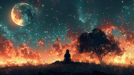 Fototapeta premium Paysage fantastique de nuit montrant la nuit étoilée, le cosmos, avec une silhouette féminine assise dans l'herbe sous un arbre