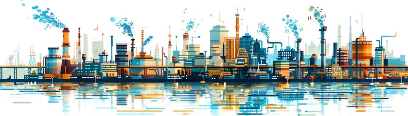 Abstract watercolor cityscape with buildings and smoke stacks reflecting in water.