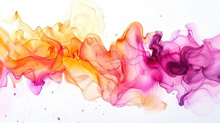 Vibrant abstract smoke in shades of orange, pink, and purple on a white background, creating a colorful and artistic visual effect.