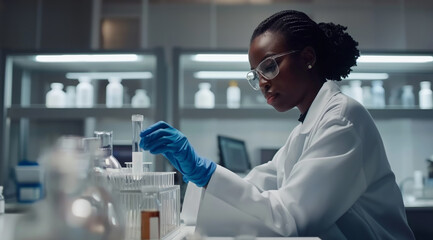 Pharmaceutical lab specialist examines medicine vials, hospital patient samples. An African American female medical student conducts research, science laboratory, wearing protective.