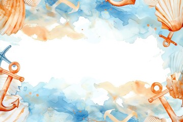 Watercolor nautical frame with anchors, ropes, and blue ocean waves. Perfect for marine-themed invitations and designs.