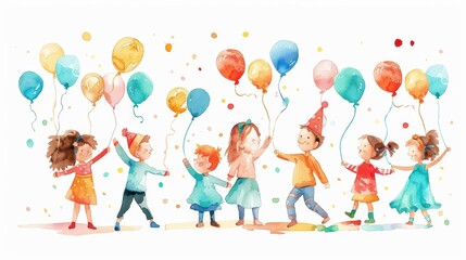 Naklejka premium Birthday party activities, kids enjoying watercolor painted games, flat design illustration