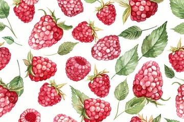 Watercolor fruit pattern, sweet raspberries, vibrant red tones, fresh green leaves, playful arrangement