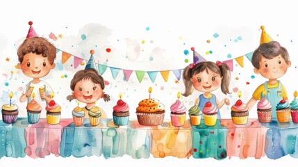 Children at birthday table, watercolor cupcakes and treats, flat design illustration