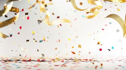 Naklejka premium Assorted confetti and a golden ribbon on a bright backdrop with open space