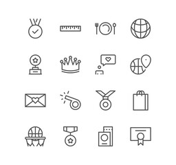 Set of lifestyle and entertainment icons, world, basketball, envelope, victory, passport, crown and linear variety vectors.	
