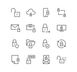 Set of locks and related icons, locked folder, locked phone, change password, cloud, file and linear variety vectors.	
