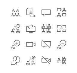 Set of video conference and online meeting icons, share screen, presenter view, button, switch, screen, education, view and linear variety vectors.	
