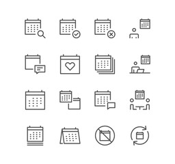 Set of calendar and appointment icons, date, working, schedule, date settings, meeting and linear variety vectors.	
