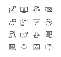 Set of video conferencing and online communication icons, group, meeting, presentation, group chat, online education, video call, view camera and linear variety vectors.	
