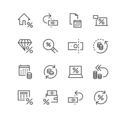Set of tax and finance icons, tax refund, paper money, cash, growth, money report, market, interest rate and linear variety vectors.	
