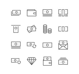 Set of money and finance icons, pay, paper money, cash, growth, market, value, earn and linear variety vectors.	
