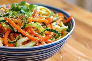 An artistic shot of a spiralized veggie salad in a colorful bowl, featuring zucchini noodles, carrots, bell peppers, and a light sesame dressing