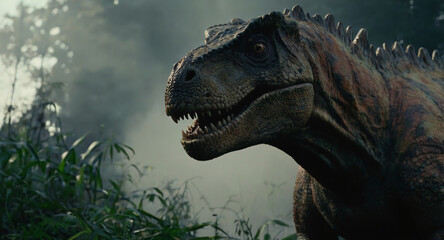Fototapeta premium An evil carnivorous dinosaur predator with colorful skin in the middle of the forest, which is in smoke