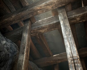 An atmospheric interior of an ancient mine shaft, wooden supports barely holding up the crumbling walls, the eerie sound of creaking wood echoing through the cold, silent tunnels