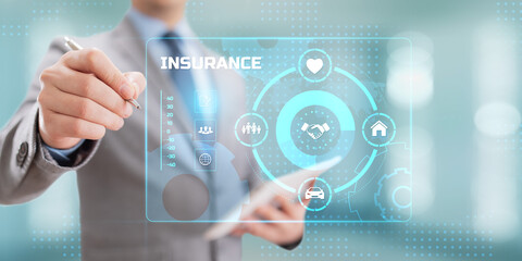 Insurance Insurtech. Businessman pressing button on screen.