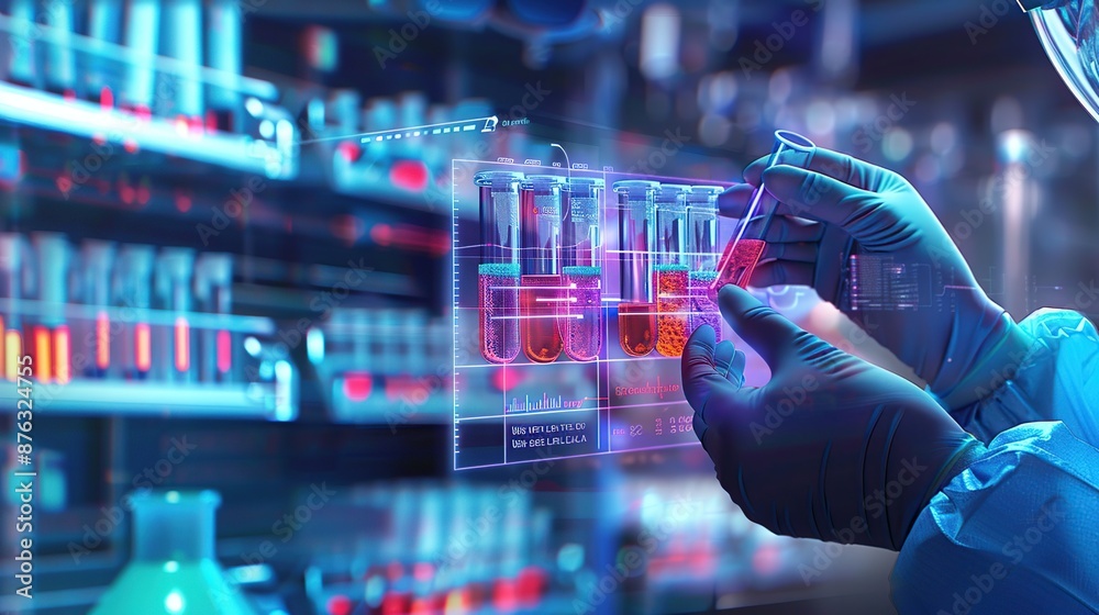Aufkleber scientist holding test tube in a modern laboratory with holographic display.