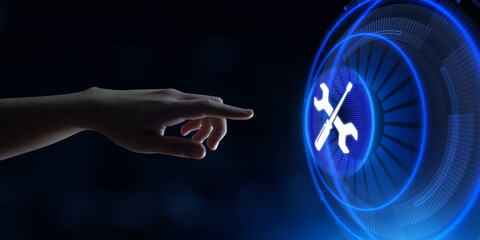 Technical support customer service guarantee quality assurance. Hand pressing button on virtual...