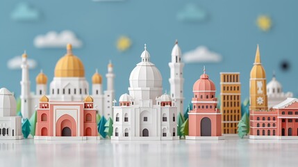 Fototapeta premium Explore the creativity of paper craft with illustrations depicting iconic buildings, famous locations, and architectural wonders with intricate detail. Clean and Clear Color, Realistic Photo, ,