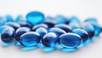 Blue soft gel capsules isolated on white. Supplement for health care, immunity support medicine