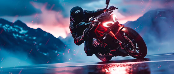Motorcycle, motorbike riding on the highway, on high speed. Biker, motorcyclist in motion. Mountains landscape.Generative ai	