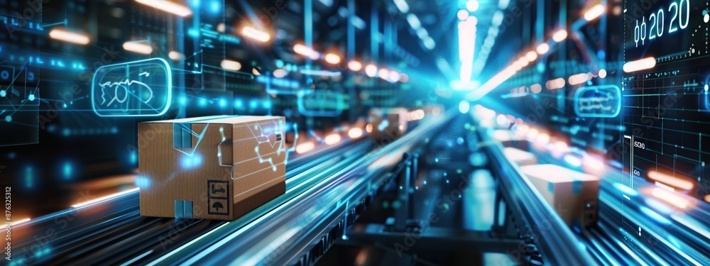 Poster fast delivery. packages moving on conveyor belt with digital data