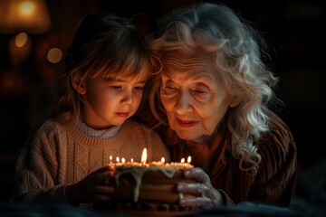 Birthday Celebration Between Granddaughter and Elderly Grandma