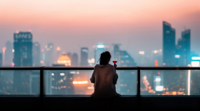 A woman is sitting on a ledge overlooking a city at night - Powered by Adobe