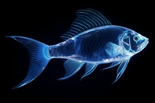 recommend clip art: A fish made from Blue neon glow light isolated on dark background
