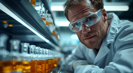 Pharmaceutical lab specialist examines medicine vials, hospital patient samples. An African American female medical student conducts research, science laboratory, wearing protective.